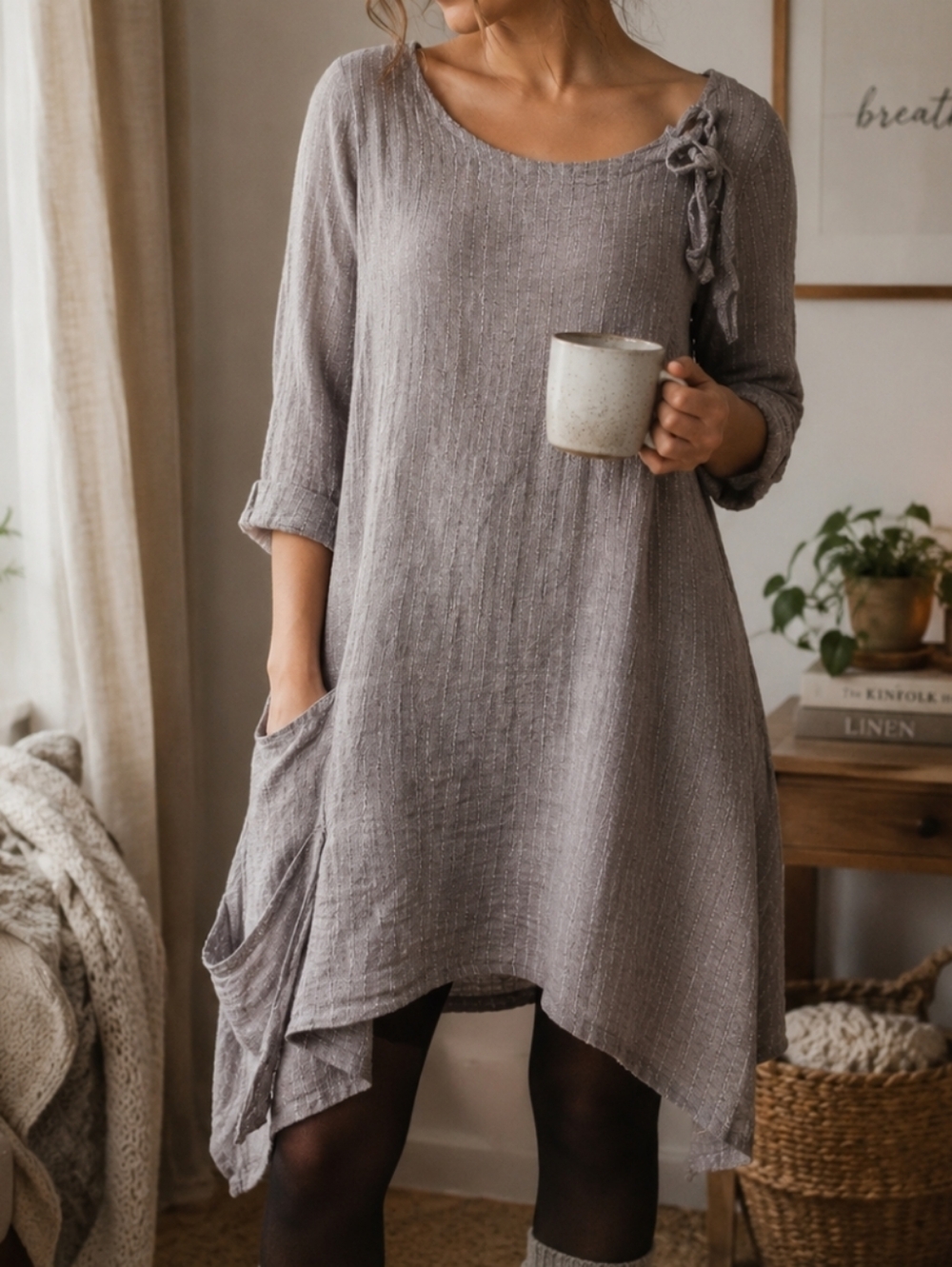 Luukaa Oversized Linen Asymmetric Artsy Lagenlook Boho Solid Grey S10 Top